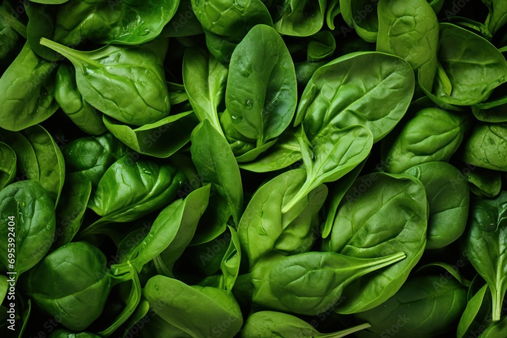a pile of green spinach leaves with drops of water on the tops of the leaves and the tops of the leaves on the tops of the tops of the leaves. a pile of green spinach leaves with drops of water on the tops of the leaves and the tops of the leaves on the tops of the tops of the leaves.