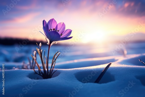  a purple flower sitting in the middle of a snow covered field with the sun setting in the background and a purple and blue sky in the middle of the picture. © Nadia