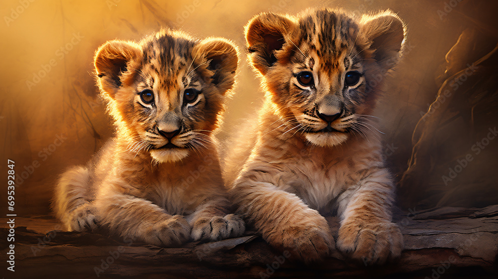 Two lion cubs. Digital art