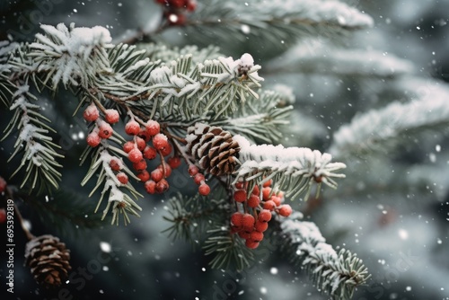  a close up of a pine tree with red berries and pine cones on it s branches with snow falling on the branches and pine cones in the foreground.