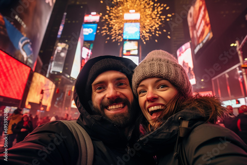 A happy couple celebrating celebrating happy new year in Times Square