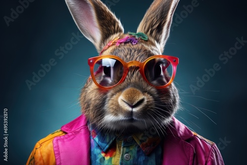  a close up of a rabbit wearing sunglasses and a colorful shirt with a shirt on it s chest and a tie on it s chest and a blue background.