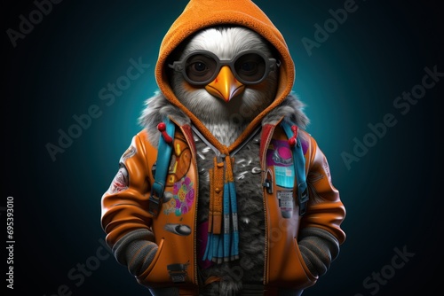  a bird wearing a jacket with a hoodie on it's head and a pair of glasses on it's head, standing in front of a dark background. © Nadia