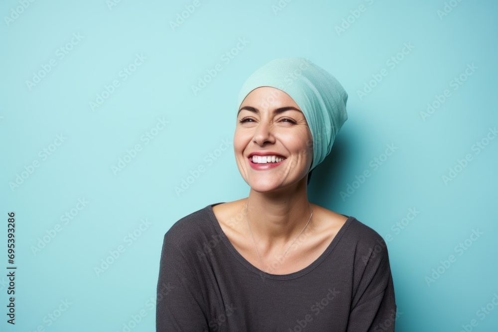 Portrait of a happy woman in her 40s sporting a trendy beanie against a pastel teal background. AI Generation Portrait of a happy woman in her 40s sporting a trendy beanie against a pastel teal background. AI Generation