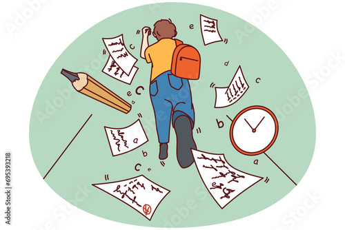 Boy child with backpack running to classroom miss deadline. Kid rush at school being late for lesson. Education problem. Vector illustration.