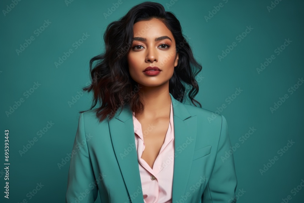 Portrait of a content indian woman in her 20s wearing a professional suit jacket against a pastel teal background. AI Generation Portrait of a content indian woman in her 20s wearing a professional suit jacket against a pastel teal background. AI Generation