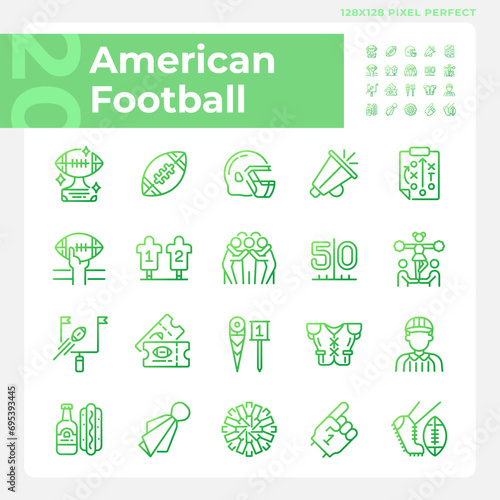American football gradient linear vector icons set. Sport equipment. Team game. Game day. Football match symbols. Thin line contour symbol designs bundle. Isolated outline illustrations collection photo