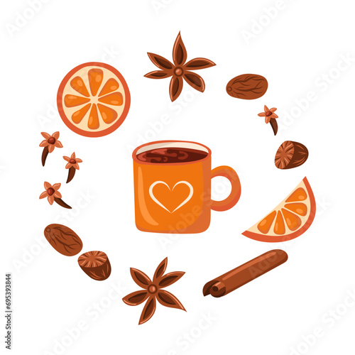 Round frame with mulled wine ingredients. Isolated vector illustration