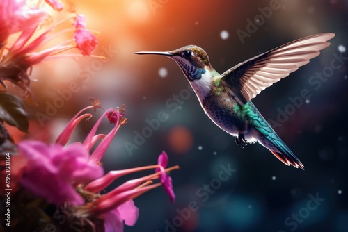  a hummingbird flying over a pink flower in the air with it's wings wide open and wings wide open, with a blurry background of pink flowers in the foreground. © Nadia