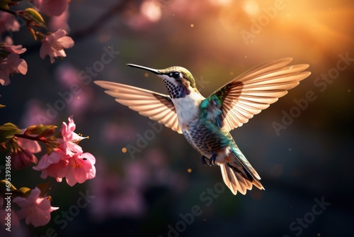 a hummingbird flying through the air with its wings wide open and wings wide open, with pink flowers in the foreground and a sunbeam in the background. © Nadia