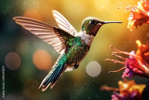  a hummingbird flying in the air with its wings wide open and wings wide open, with a blurry background and boke of flowers in the foreground.