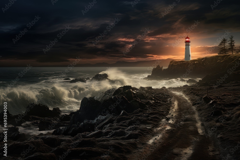  a lighthouse sitting on top of a rocky cliff next to a body of water with waves crashing in front of it and a red light house on top of a hill.
