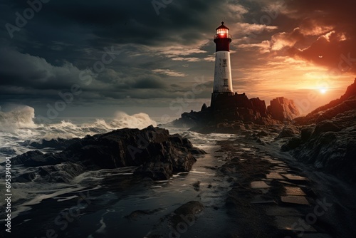  a red and white light house sitting on top of a rocky beach next to a body of water with waves coming in front of it and a dark cloudy sky.