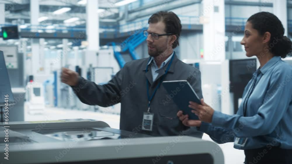 Male Technician and Hispanic Businesswoman Using Tablet Computer In Modern Electronics Factory. Caucasian Man Explaining Production Of Motherboards For AI-Powered Devices With Soldering Jet Printer. Male Technician and Hispanic Businesswoman Using Tablet Computer In Modern Electronics Factory. Caucasian Man Explaining Production Of Motherboards For AI-Powered Devices With Soldering Jet Printer.
