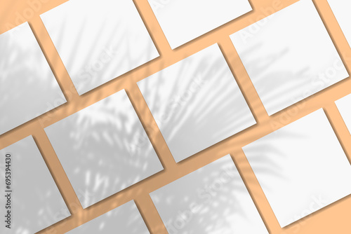 Natural light casts shadows from the palm tree on several square sheets of white textured paper lying on a orange textured background. Mockup