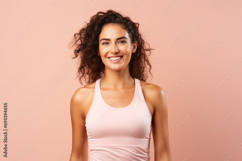 Portrait of a grinning woman in her 20s wearing a lightweight running vest against a soft pink background. AI Generation Portrait of a grinning woman in her 20s wearing a lightweight running vest against a soft pink background. AI Generation