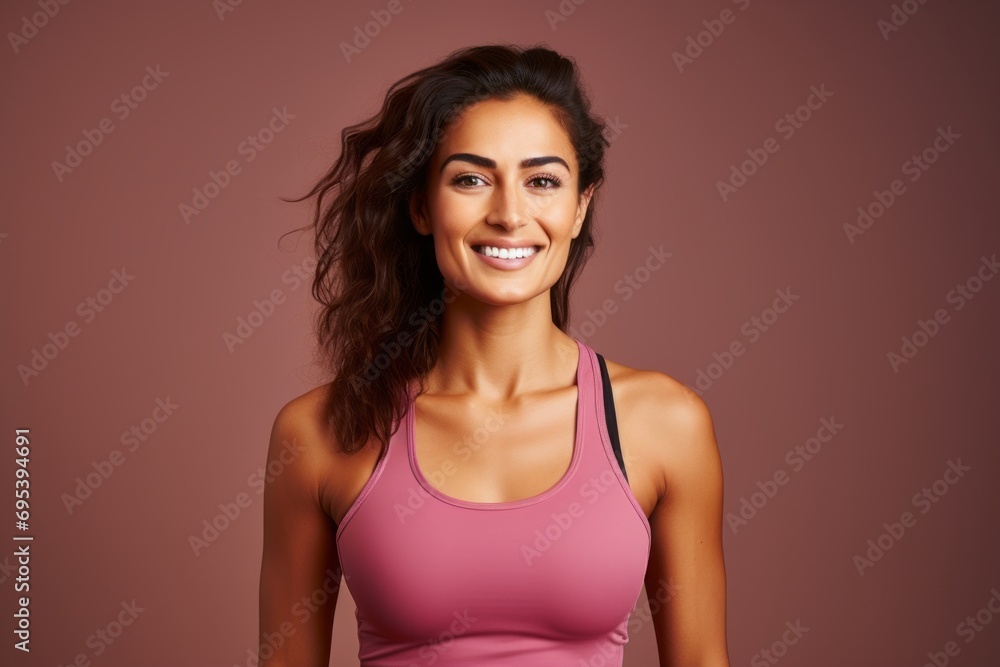 Portrait of a grinning woman in her 20s wearing a lightweight running vest against a soft pink background. AI Generation Portrait of a grinning woman in her 20s wearing a lightweight running vest against a soft pink background. AI Generation