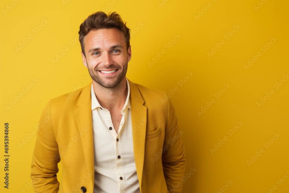 Portrait of a smiling man in his 30s wearing a chic cardigan against a soft yellow background. AI Generation Portrait of a smiling man in his 30s wearing a chic cardigan against a soft yellow background. AI Generation