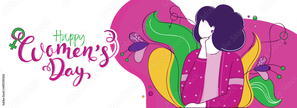Happy Women's Day Celebration Banner or Header Design with Cartoon Young Woman Character, Female Gender Sign on White and Magenta Pink Background.