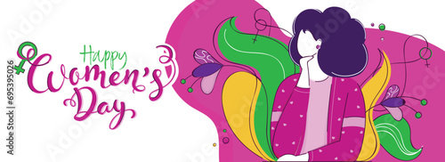 Wallpaper Mural Happy Women's Day Celebration Banner or Header Design with Cartoon Young Woman Character, Female Gender Sign on White and Magenta Pink Background. Torontodigital.ca