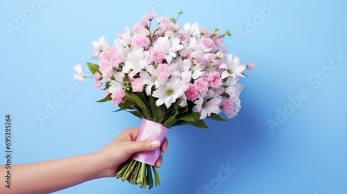 Wallpaper Mural A bouquet of spring flowers close-up in the hand on a blue background. A nice gift for a holiday. Spring mood Torontodigital.ca