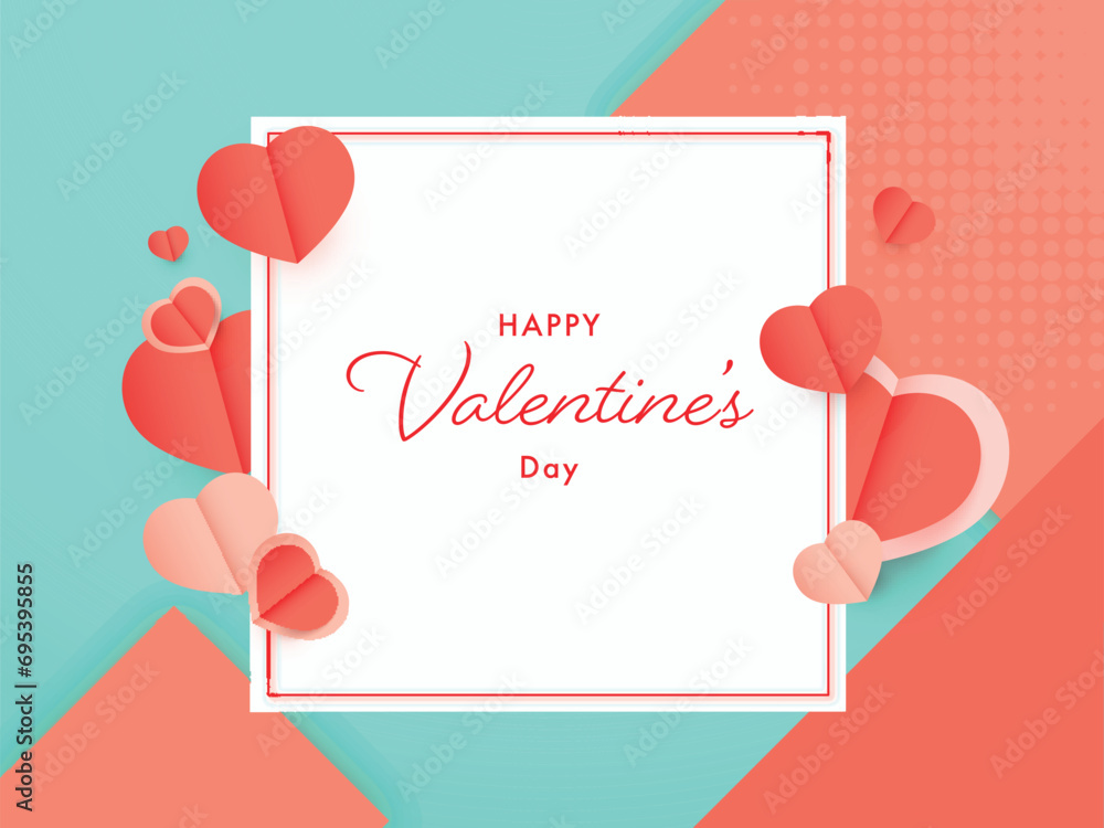 Valentine's Day Poster or Greeting Design with Paper Hearts Decor Square Frame on Light Red Turquoise Abstract Background. Valentine's Day Poster or Greeting Design with Paper Hearts Decor Square Frame on Light Red Turquoise Abstract Background.