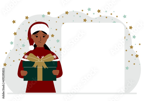A woman in a red sweater is holding a large gift box with a bow. New Year or Christmas.