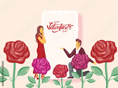Young Man Proposing to His Girlfriend on the Occasion of Valentine's Day through Smartphone and Beautiful Rose Flowers.
