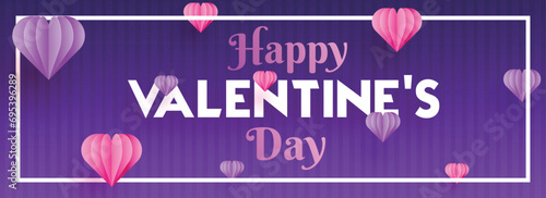Happy Valentine's Day Celebration Banner or Header Design with Paper Hearts Decorated on Purple Striped Background.