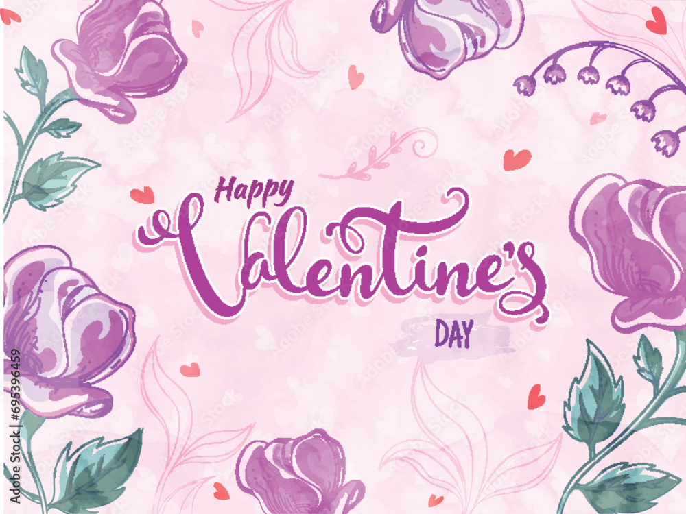 Happy Valentine's Day Greeting Card Decorated with Creative Beautiful Roses Floral on Pastel Pink Background.