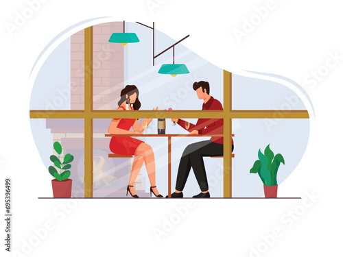 Illustration of Cartoon Young Romantic Couple Celebrating Anniversary or Valentine's Day at Home or Restaurant. Can Be Used as Greeting Card or Poster Design.