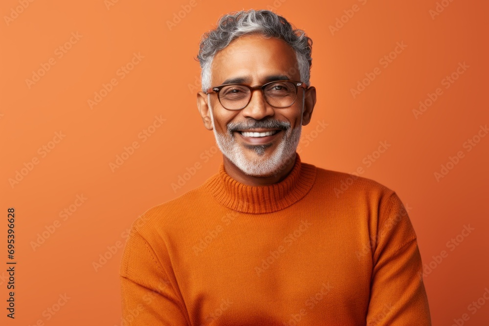 Portrait of a content indian man in his 50s wearing a cozy sweater against a soft orange background. AI Generation Portrait of a content indian man in his 50s wearing a cozy sweater against a soft orange background. AI Generation