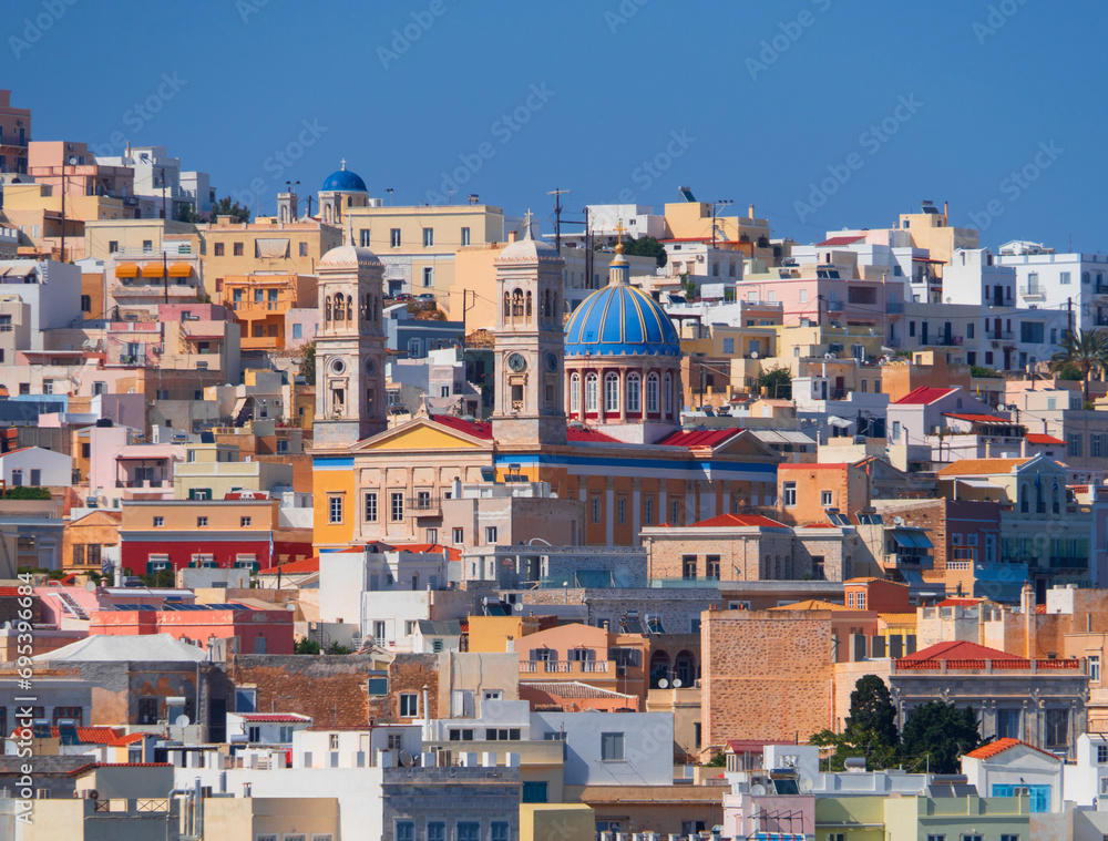 Panoramic View from the sea to the Ermoupolis city of Syros island in Greece
