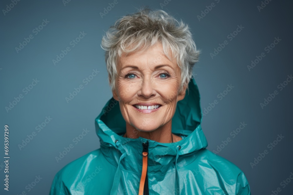 Portrait of a smiling woman in her 60s sporting a waterproof rain jacket against a soft teal background. AI Generation Portrait of a smiling woman in her 60s sporting a waterproof rain jacket against a soft teal background. AI Generation