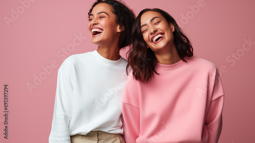 two women laughing in front of pink background