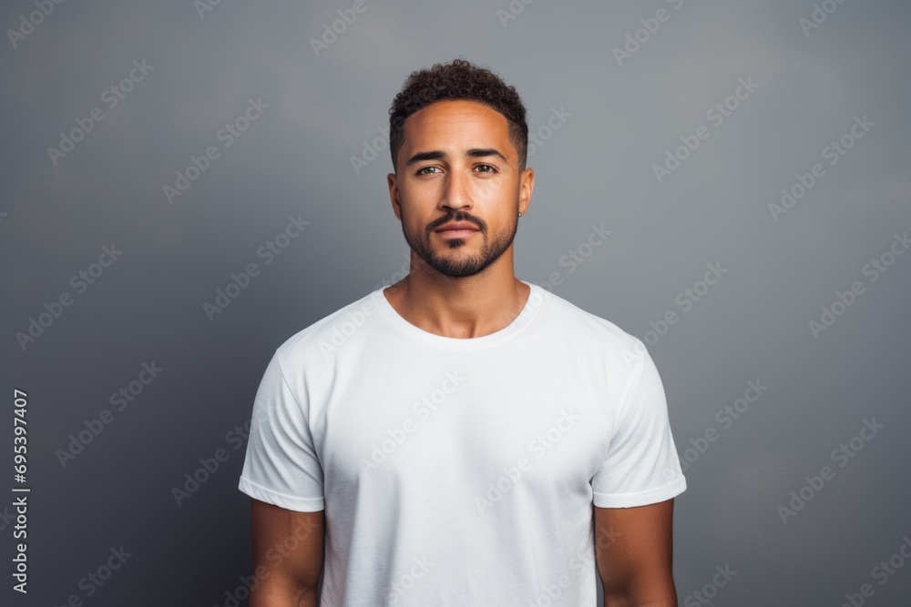 Portrait of a smiling man in his 30s donning a trendy cropped top against a soft gray background. AI Generation Portrait of a smiling man in his 30s donning a trendy cropped top against a soft gray background. AI Generation