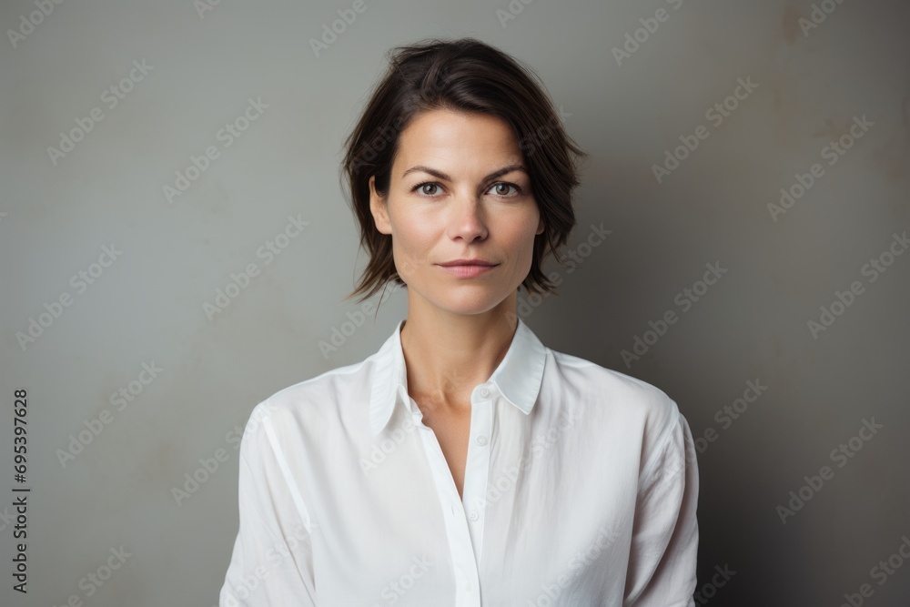 Portrait of a content woman in her 40s wearing a simple cotton shirt against a soft gray background. AI Generation Portrait of a content woman in her 40s wearing a simple cotton shirt against a soft gray background. AI Generation