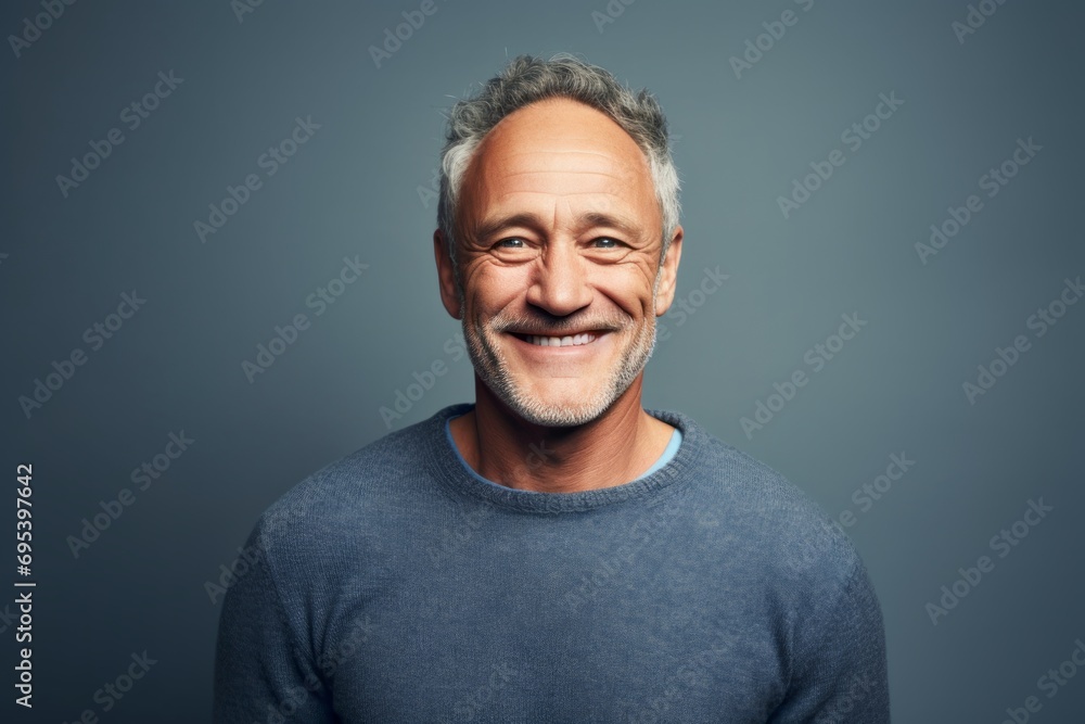 Portrait of a grinning man in his 50s wearing a cozy sweater against a soft gray background. AI Generation Portrait of a grinning man in his 50s wearing a cozy sweater against a soft gray background. AI Generation