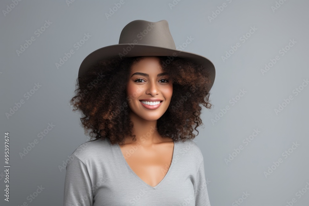 Portrait of a satisfied afro-american woman in her 20s donning a classic fedora against a soft gray background. AI Generation Portrait of a satisfied afro-american woman in her 20s donning a classic fedora against a soft gray background. AI Generation