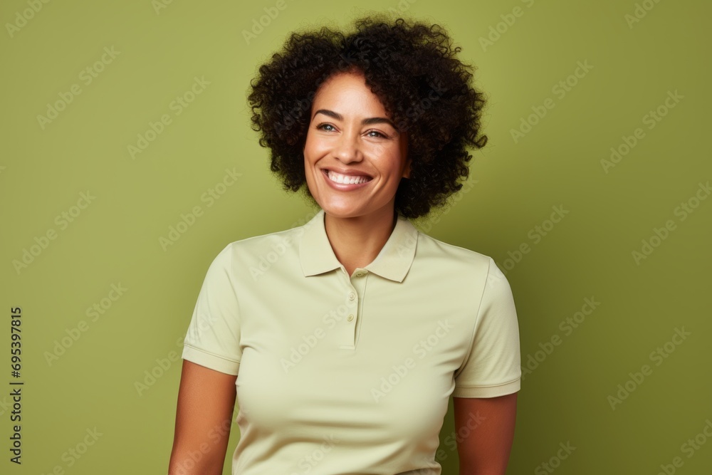Portrait of a happy afro-american woman in her 40s wearing a breathable golf polo against a soft brown background. AI Generation Portrait of a happy afro-american woman in her 40s wearing a breathable golf polo against a soft brown background. AI Generation
