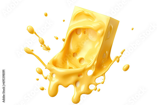 Piece of Cheese with drip and melting sauce splashing isolated on transparent png background, cheese slice with liquid swirl, ingredients for making food.