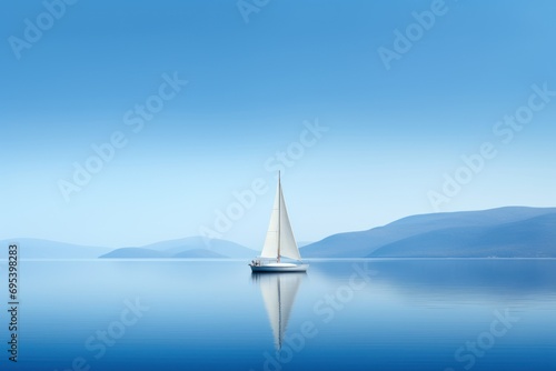  a sailboat in the middle of a body of water with mountains in the back ground and a blue sky in the middle of the water, with a white sailboat in the foreground.