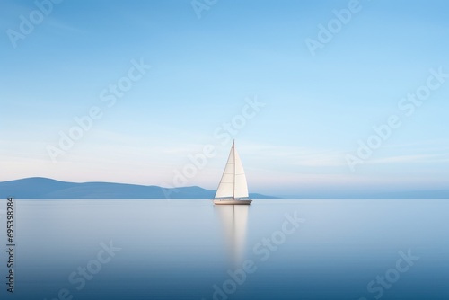  a sailboat in the middle of a large body of water with a mountain range in the distance in the distance in the distance is a blue sky with a few clouds.