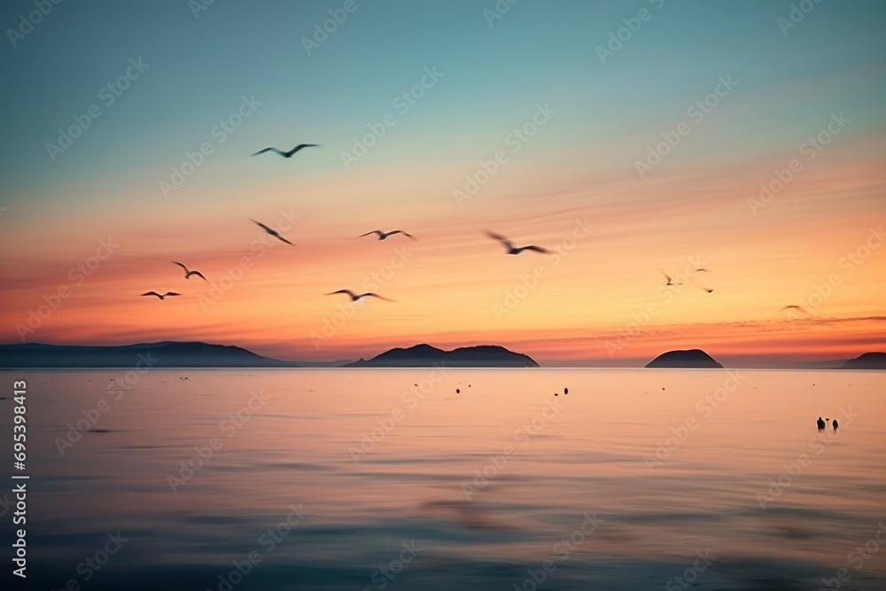  a flock of seagulls flying over a body of water with a sunset in the back ground and a small island in the middle of the water in the foreground.