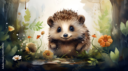 watercolor illustration of cute hedgehog in a forest. photo