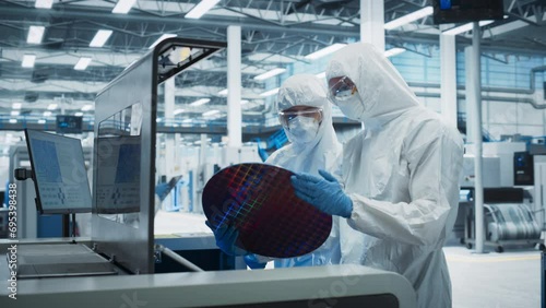 Semiconductor Production At Electronics Manufacturing Facility: Two Specialists In Sterile Suits Taking Out Silicon Wafer From Soldering Jet Printer And Checking It. Engineers Making Computer Hardware photo