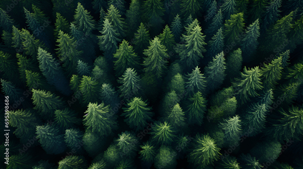 aerial view of pine forest and spruce trees. - obrazy, fototapety, plakaty 