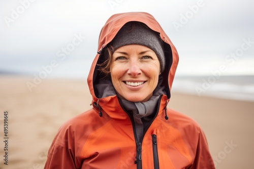 Portrait of a blissful woman in her 40s wearing a windproof softshell against a sandy beach background. AI Generation © Markus Schröder