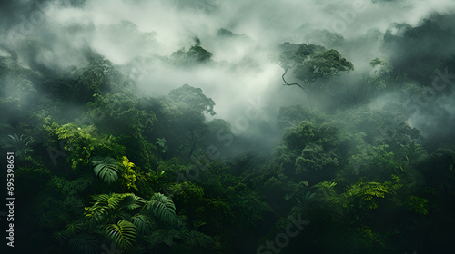 tropical rainforest with fog in the rain forest 