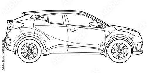 Classic luxury suv car. Crossover car front view shot. Outline doodle vector illustration. Design for print, coloring book